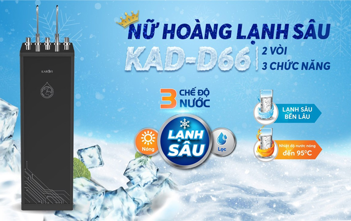 Máy lọc nước nóng lạnh Karofi KAD-D66 có 3 chế độ lọc nước nóng, lạnh, lọc tinh khiết